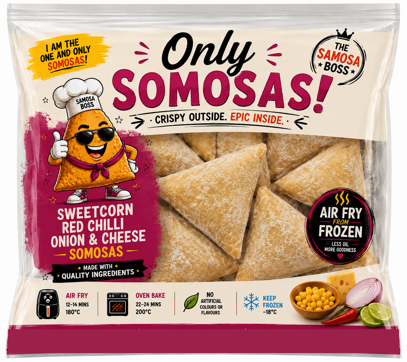 Only Somosas Sweetcorn, Red Chilli & Lime frozen samosa pouch
